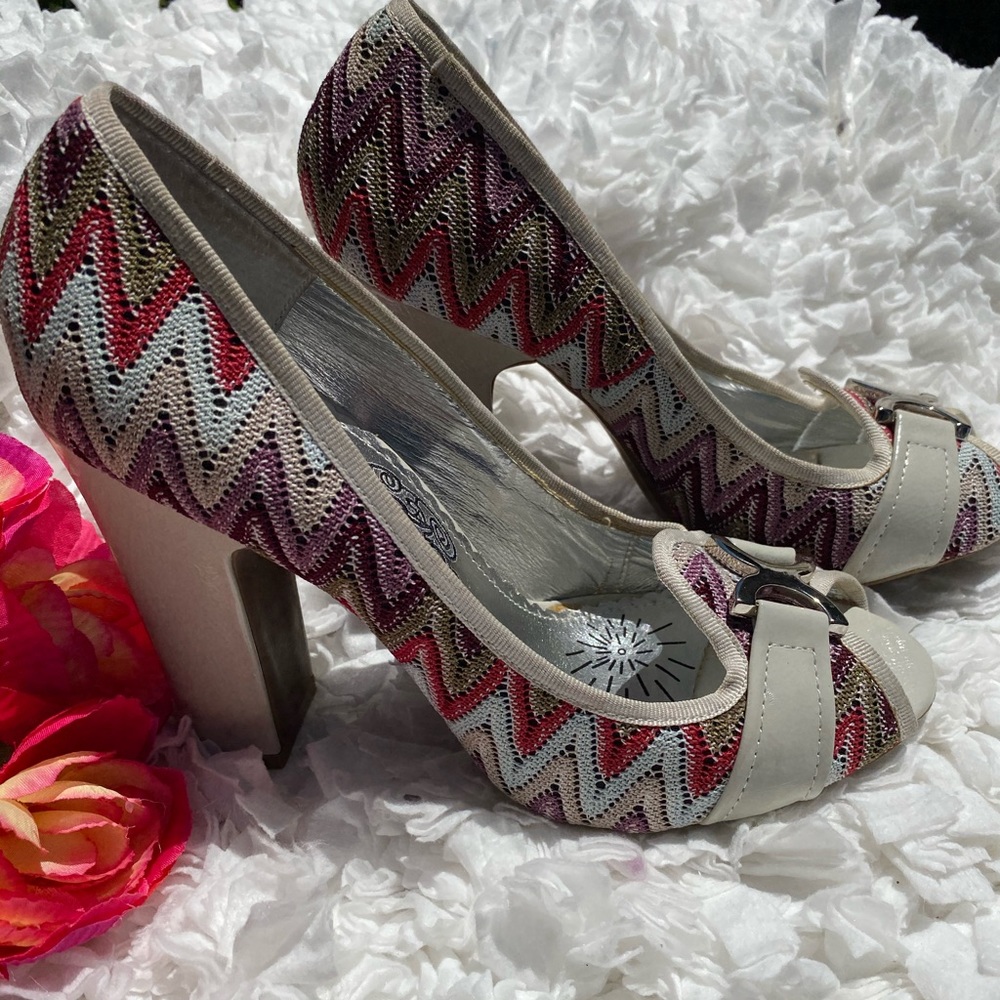 Naughty Monkey Grey Multi Chevron Peep Toe Heels 9